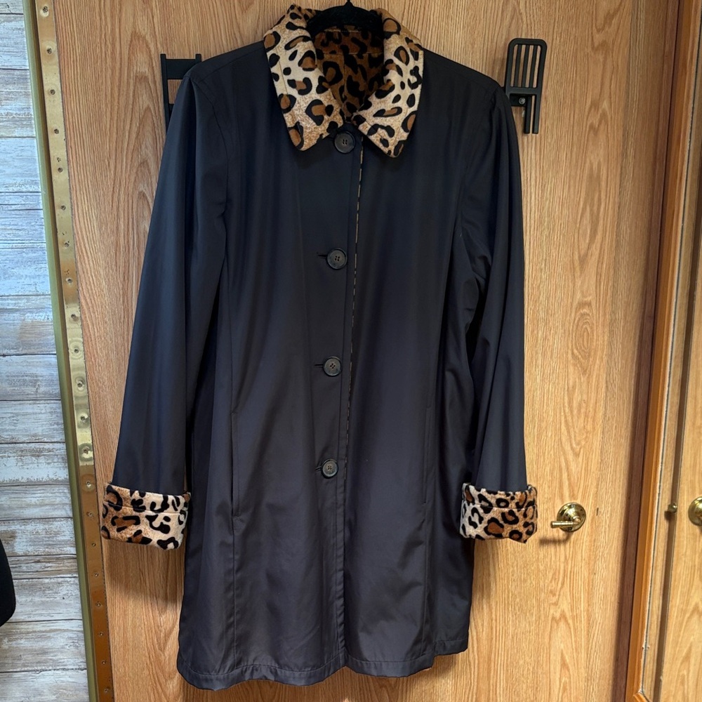 Dennis Basso REVERSIBLE Black Pea Coat with Leopard Print Collar and Cuffs